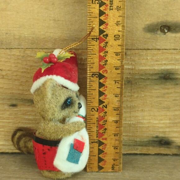 Vtg Flocked Fur 'Britches' Raccoon Critter Sitter Santa Hat Christmas Ornament - Picture 10 of 10